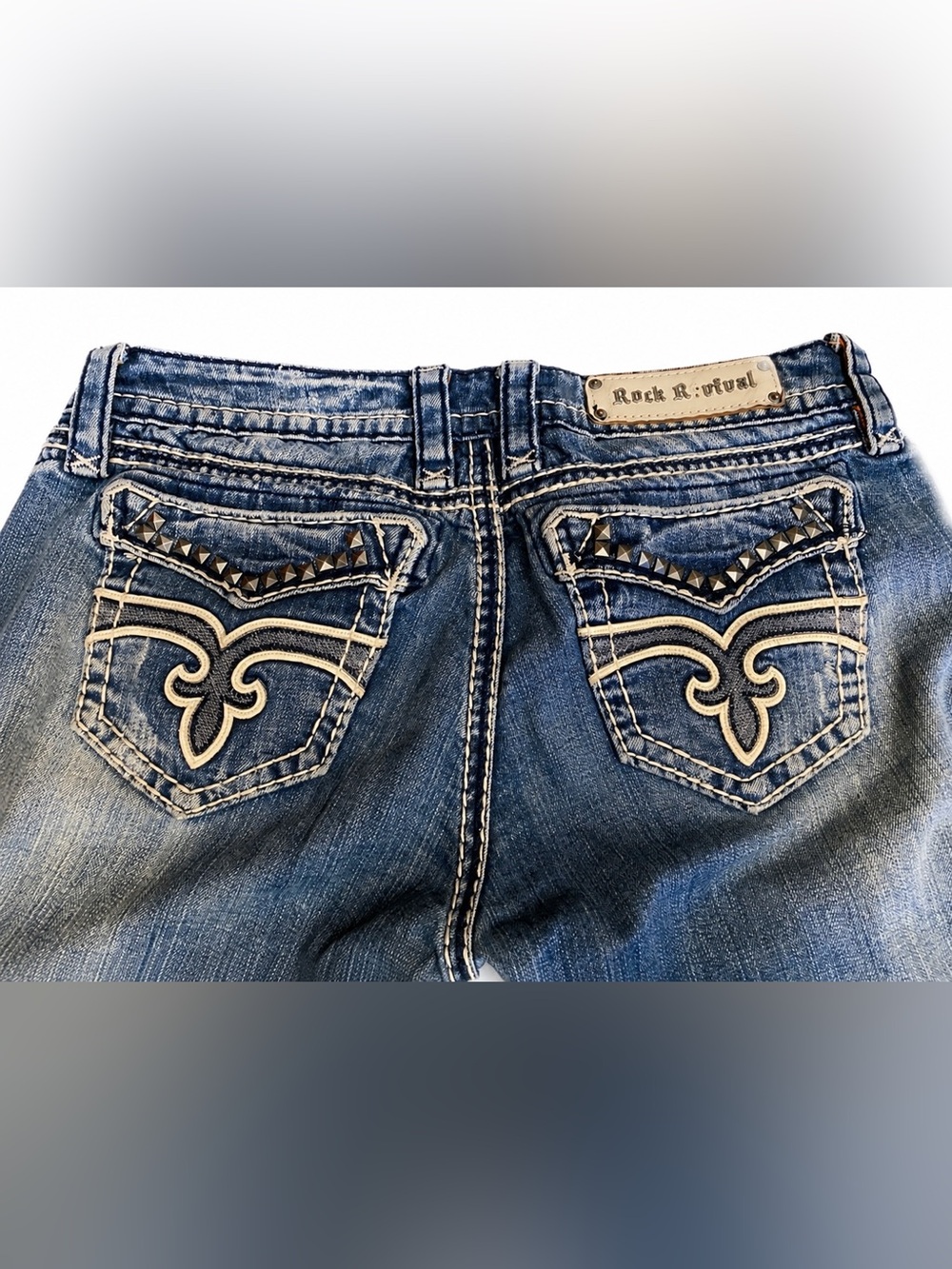 Rock Revival Blue Studded Embroidered Pocket Jeans